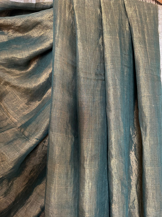 GREEN GOLD METALLIC LINEN SARI WITH WOVEN BORDER ML-23