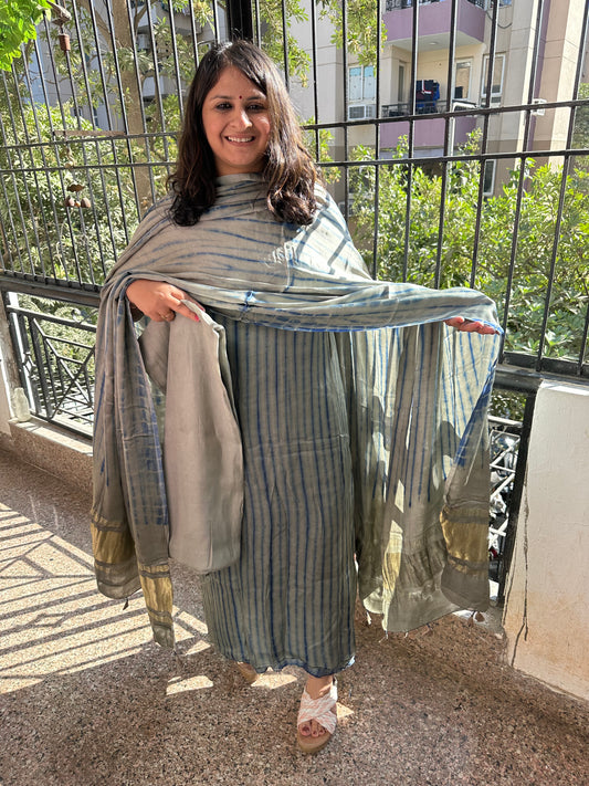 Grey Blue Modal Silk Shibori Kurta with Shibori handcrafted Modal Silk Dupatta SMS 104