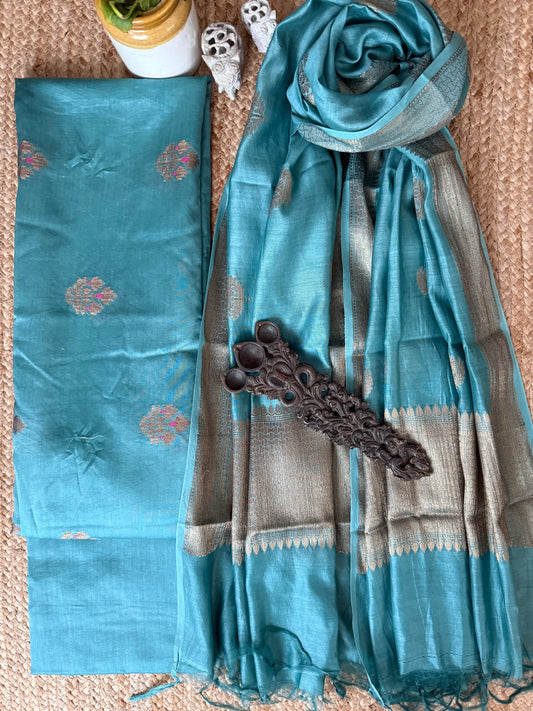 Persian Teal Mist Chanderi Handloom Banarsi Booti Three Piece Suit