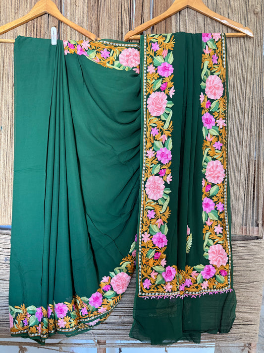 BOTTLE GREEN LOVELY KASHMIRI WORK REDYEABLE PURE GEORGETTE SARI WITH BLOUSE