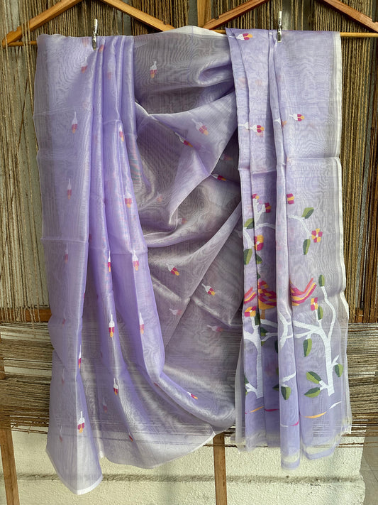 Purple jamdani handwoven pure muslin silk sari