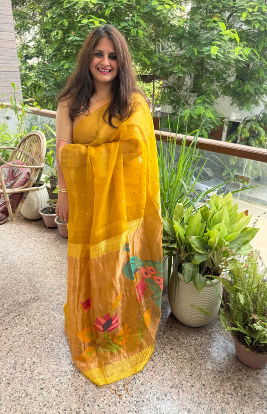 Old Yellow Jamdani sequence work handwoven pure muslin silk sari With Matka Silk Blouse Piece