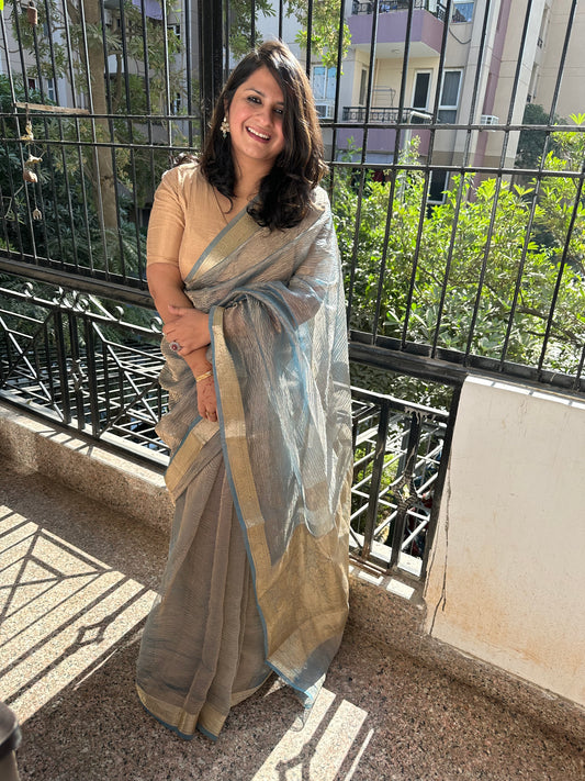 Air force blue banarasi zari crushed tissue sari
