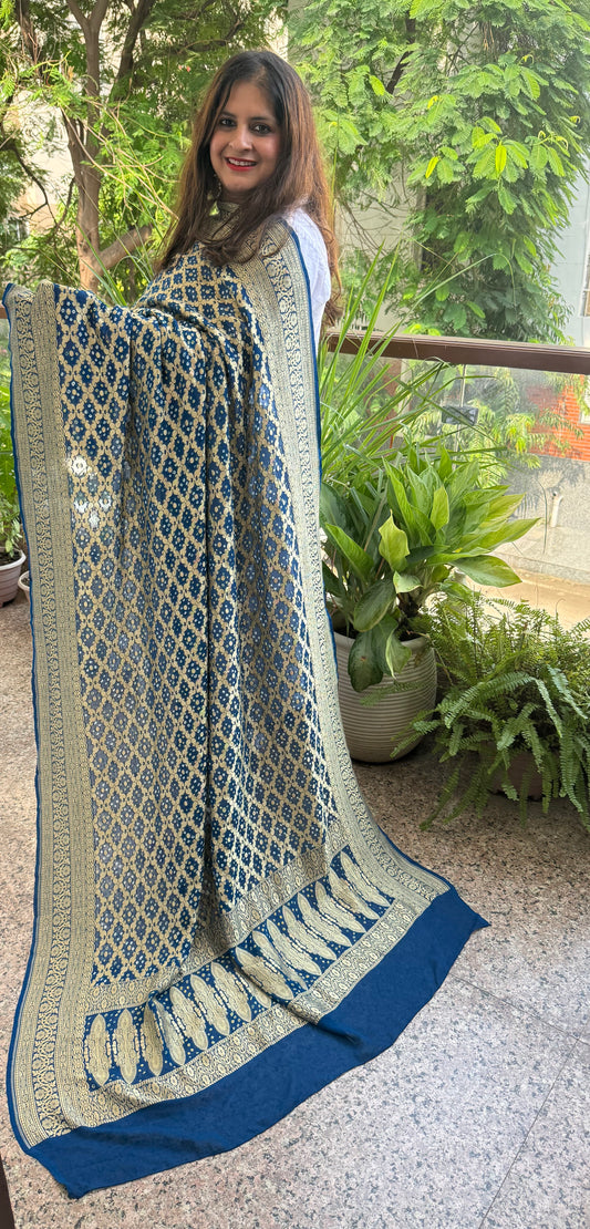 Peacock Blue handwoven neemzari bareek bandhani in khaddi georgette dupatta bd-1081