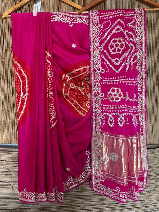 PINK & RED CHAKRA THEME RAI BANDHANI GAJJI SILK SARI WITH HANDEMBROIDERY GOTTA PATTI BS- 402