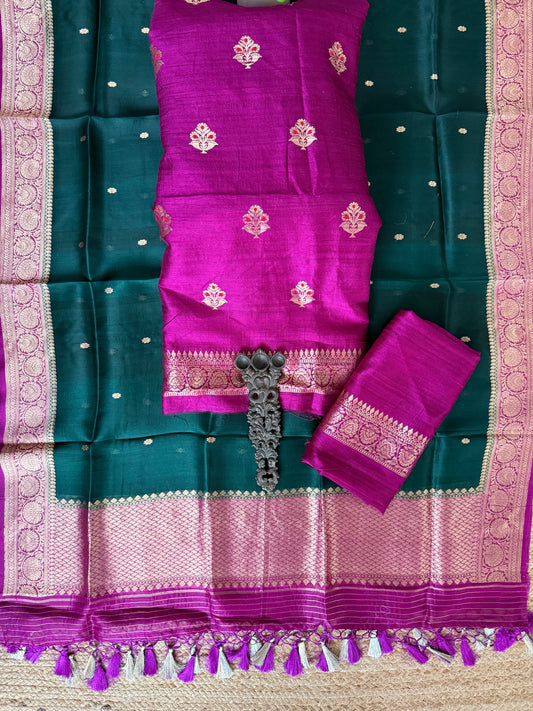 Magenta Purple raw silk certified handloom banarsi kadwa butti with woven zari three piece suit