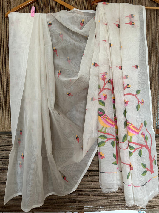 BONE WHITE JAMDANI HANDWOVEN PURE MUSLIN SILK SARI MJS 26