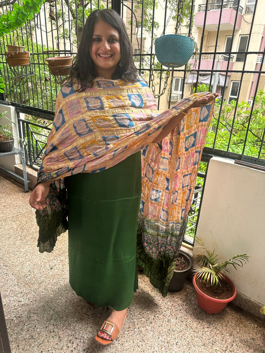 BOTTLE GREEN MODAL SOLID KURTA WITH AJRAKH HANDCRAFTED GHARCHOLA DUPATTA SET