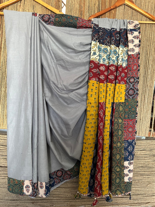 COIN GREY PATCH WORK AJRAKH HAND CRAFTED MULL SAREE
