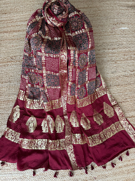 MAROON MODAL SILK AJRAKH HANDCRAFTED GHARCHOLA DUPATTA WITH AJRAKH PRINT IN NAKSHI BORDER