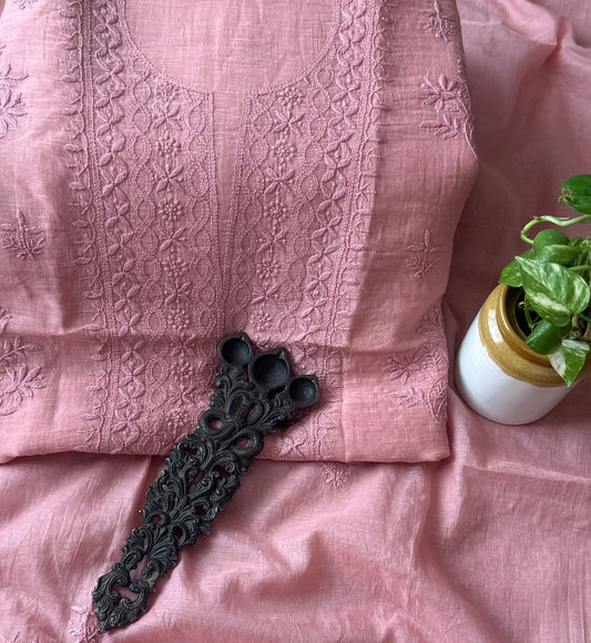 LIGHT PINK PREMIUM MULL CHANDERI LUCKNOWI CHICKENKARI HAND EMBROIDERY THREE PIECE SUIT
