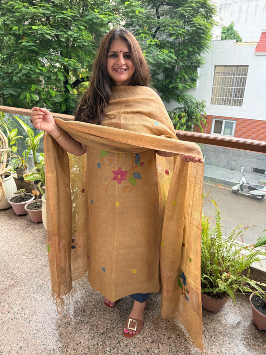Khaki Brown jamdani linen kurta set