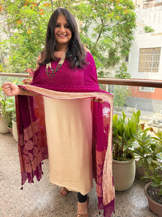 Ivory Gajji and raisin purple shade Handwoven Bareek Bandhani in Premium Georgette kurta Set