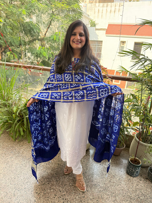 BLUE BANDHANI GHARCHOLA GAJJI SILK HANDWOVEN DUPATTA