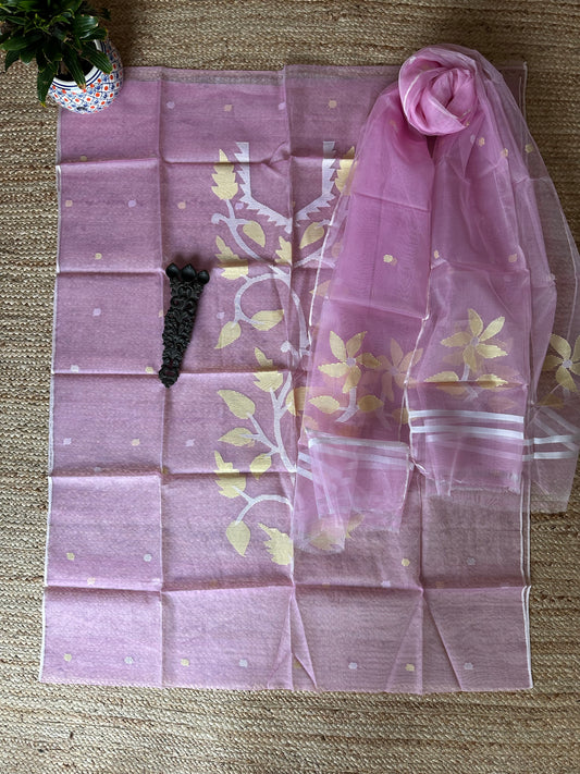 DUSTY PINK HANDWOVEN JAMDANI PURE MUSLIN SILK KURTA SET MJK -3