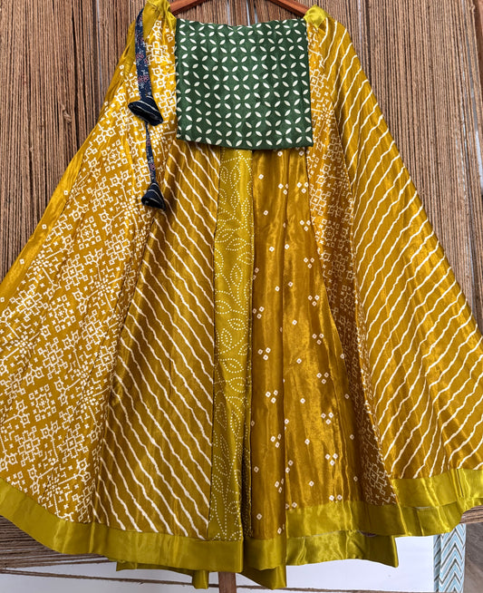 Green mashru silk blouse-with Multicolour patchwork handcrafted mashru silk Skirt