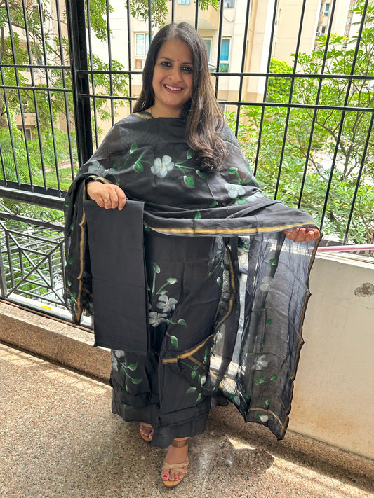 BLACK CHANDERI HAND BLOCK SUIT SET