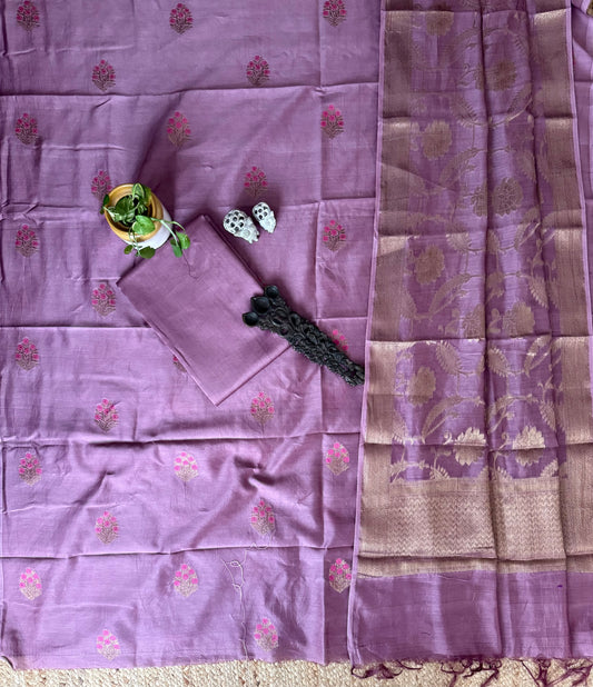 Rosewood Lavender Chanderi Handloom Banarsi Booti Three Piece Sui