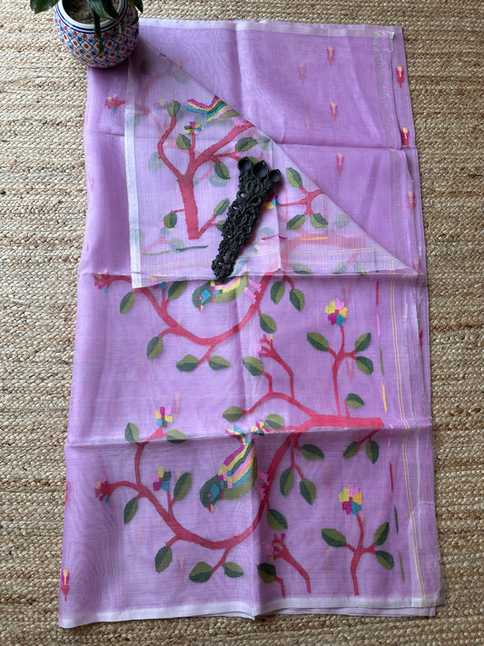 PASTEL PURPLE JAMDANI HANDWOVEN PURE MUSLIN SILK SARI MJS 48