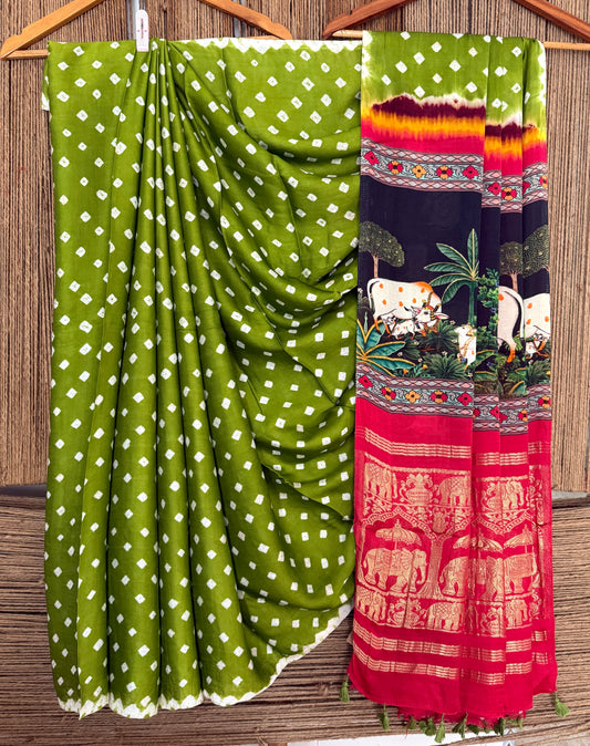 LIME RED MODAL SILK BANDHANI SARI WITH PICHWAI PRINT BPS 41