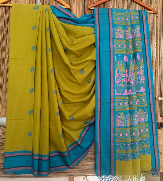 NAPLES YELLOW HANDWOVEN HANDLOOM BALUCHARI AUTHENTIC BENGAL HERITAGE WEAVE COTTON SARI