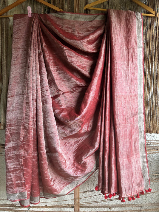 MAROON SILVER METALLIC LINEN SARI WITH WOVEN BORDER & TASSELS ML-58