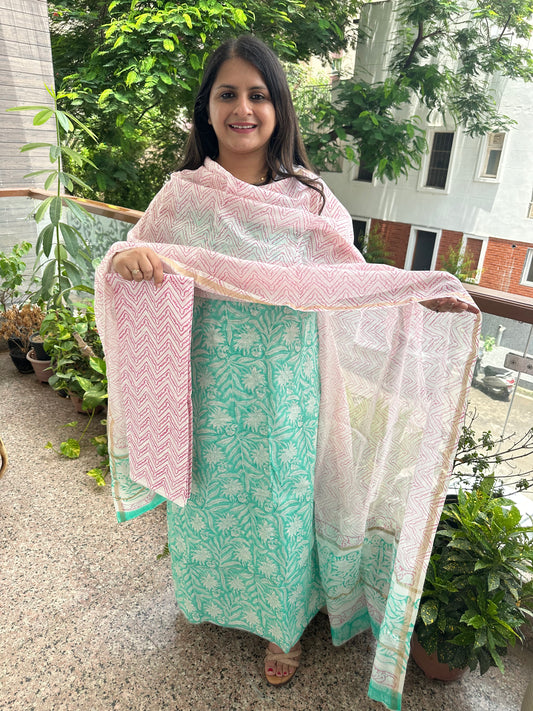 CYAN BLUE CHANDERI HAND BLOCK SUIT SET