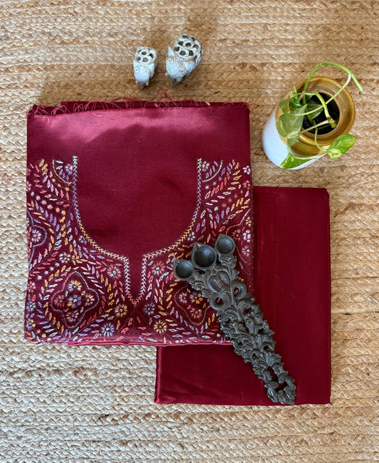 MAROON MASHRU SILK HAND EMBROIDERY KASHMIRI HANDEMBROIDERY SOZNI WORK CORD SET Cs- 30