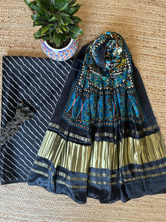 BLACK MASHRU SILK KURTA WITH PATOLA HANDCRAFTED MODAL SILK DUPATTA PS- 1074