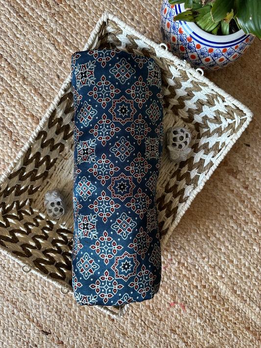 BLUE MASHRU AJRAKH HANDCRAFTED SILK FABRIC