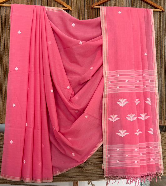 FLAMINGO PINK CLASSIC AUTHENTIC HANDWOVEN JAMDANI WEAVING PURE COTTON SARI