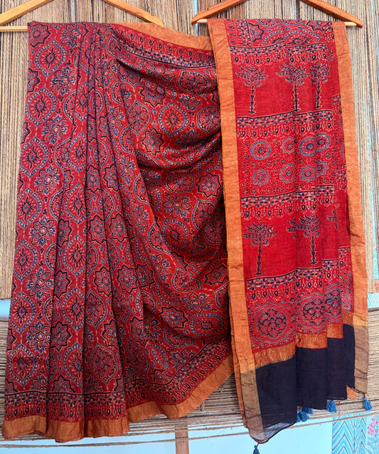MAROON NATURAL DYE HANDCRAFTED HANDBLOCK AJRAKH LINEN SILK SARI