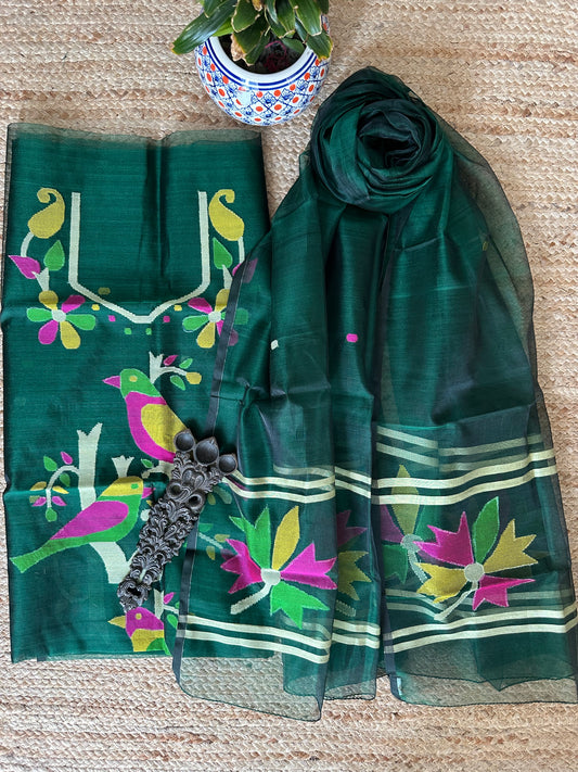 DARK GREEN HANDWOVEN JAMDANI PURE MUSLIN SILK KURTA SET MJK-58