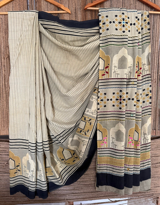 Beige mustard cotton ajrakh handembroidery sari
