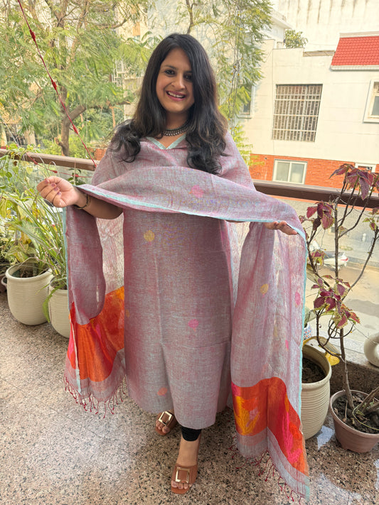 PIGEON BLUE & RED DUAL SHADE JAMDANI LINEN KURTA SET LJS-302