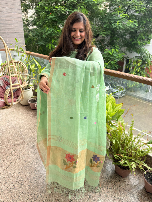 Emerald Green jamdani linen kurta set