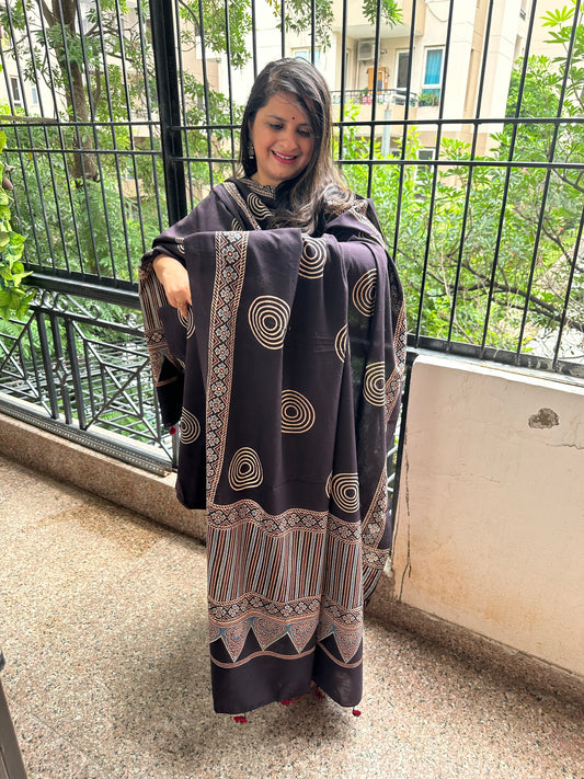 BLACK AJRAKH HANDBLOCK AND HAND CRAFTED CONTEMPORARY THREE PIECE SUIT SET