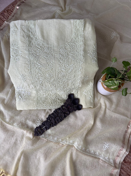 BUTTER YELLOW MULL CHANDERI LUCKNOWI CHICKENKARI HAND EMBROIDERY THREE PIECE SUIT
