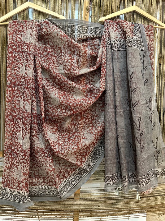 BURGUNDY MAROON AKOLA KOTA DORIA HANDBLOCK SARI