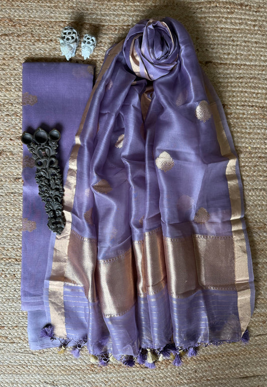 Light Purple Kora Silk Certified Handloom Banarsi Kadwa Booti three piece suit CBS-58