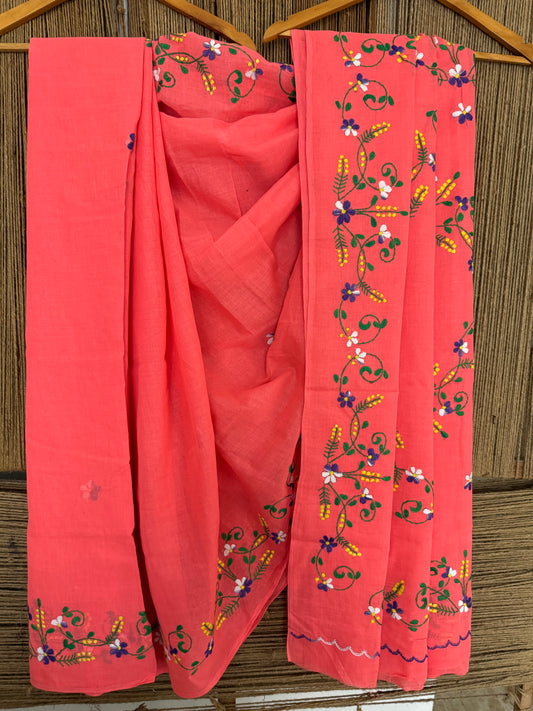BEAUTIFUL PEACH PINK HAND EMBROIDERY ON BENGAL HAND WEAVE SARI