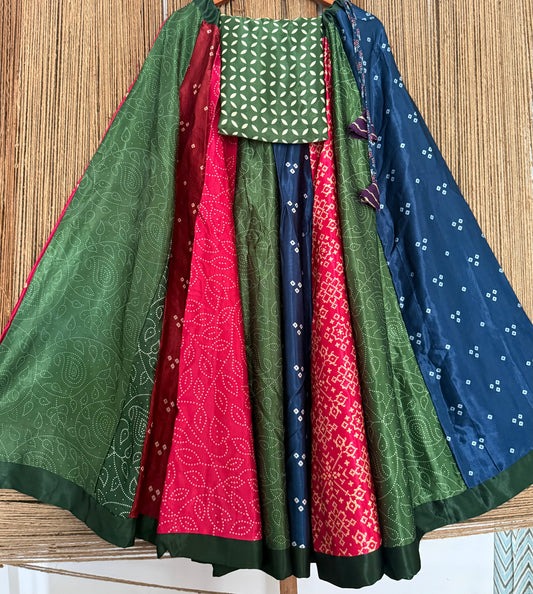 Green mashru silk blouse-with Multicolour patchwork handcrafted mashru silk Skirt