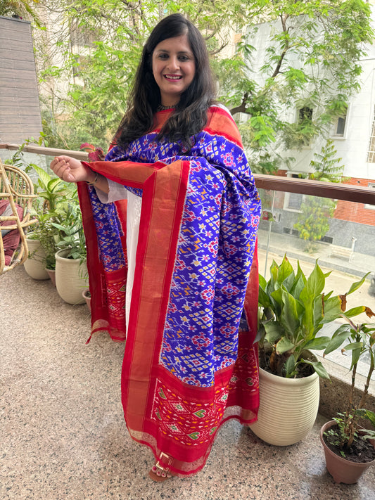 MAJORELLE BLUE - HANDSPUN HANDWOVEN POCHAMPALLY IKAT SILK DUPATTA WITH ZARI BORDER