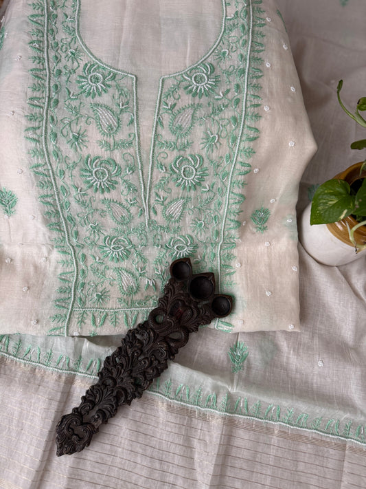 WHITE & BLUE EMBROIDERY PREMIUM MULL CHANDERI LUCKNOWI CHICKENKARI WITH MOTI WORK HAND EMBROIDERY THREE PIECE SUIT