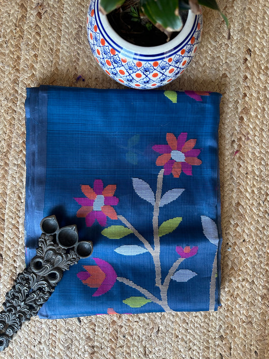 DENIM BLUE JAMDANI HANDWOVEN PURE MUSLIN SILK SARI MJS-11