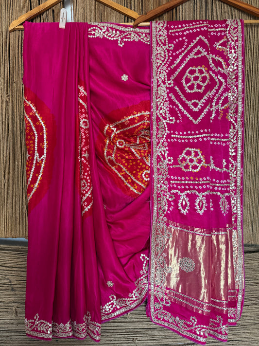 PINK & RED CHAKRA THEME RAI BANDHANI GAJJI SILK SARI WITH HANDEMBROIDERY GOTTA PATTI BS- 402