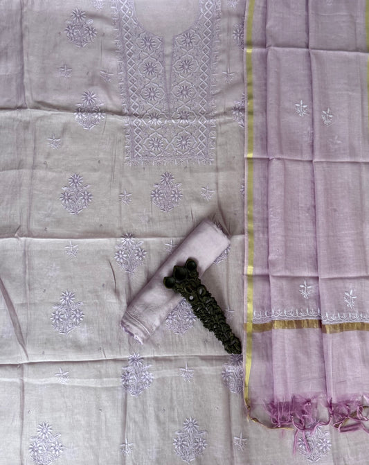 SOFT LAVENDER EMBROIDERY PREMIUM MULL CHANDERI LUCKNOWI CHICKENKARI WITH MOTI WORK HAND EMBROIDERY THREE PIECE SUIT