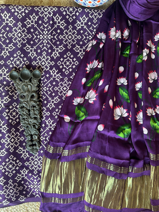 Violet purple mashru silk kurta with patola handcrafted modal silk dupatta ps - 1047