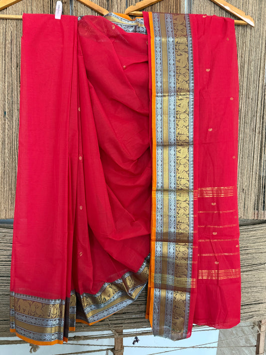 RED TRADITIONAL KANCHI COTTON SARI WITH ELEPHANT,PEACOCK & PAISLEY DESIGN WITH RUNNING BLOUSE
