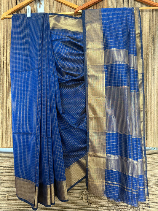 Blue cheq maheshwari silk handloom sari with maheshwari border